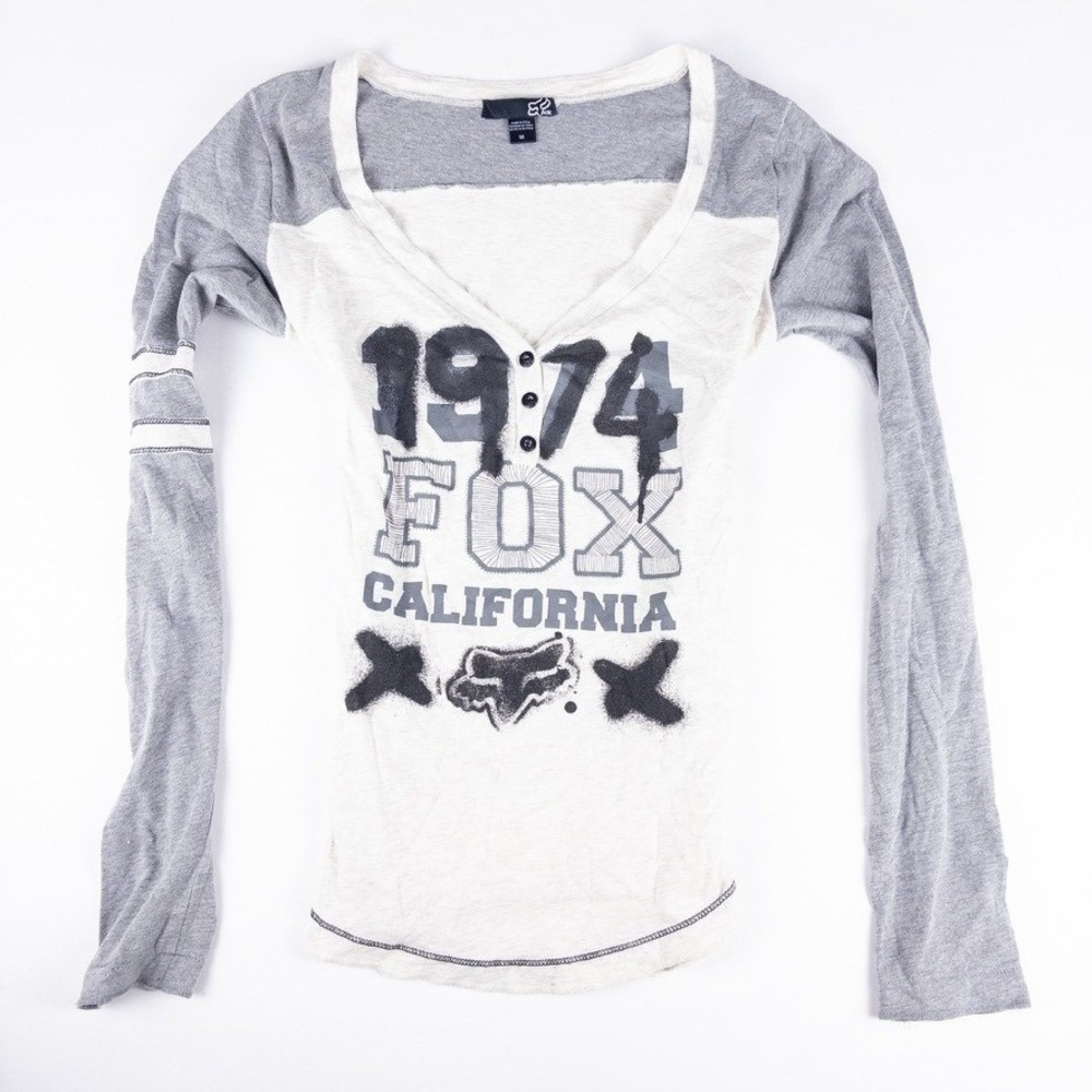 Fox Racing Henley Baseball Tee Womens‎ M Grey Babydoll Vintage Y2K Motocross